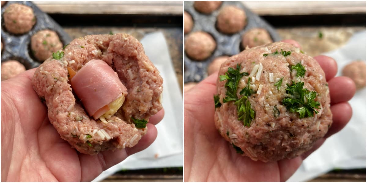 2-panel collage: flattened meat portion with ham and cheese center showing; Meatball formed around center and closed.