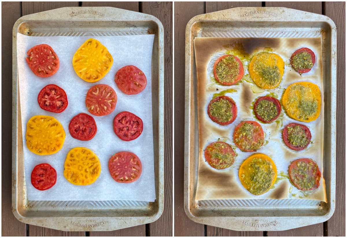 2-panel collage: tomatoes before and after broiling.