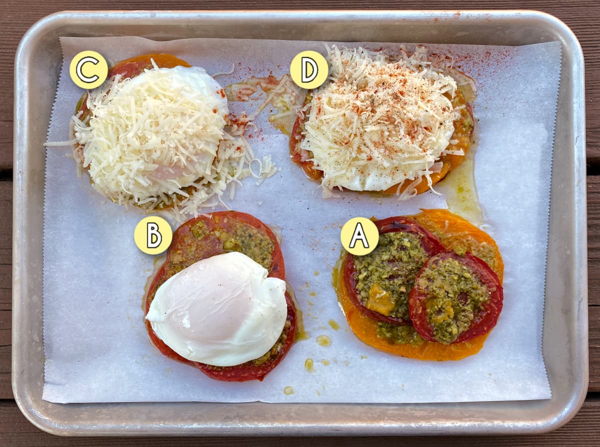 Eggs provencal assembly: (A) Broiled tomatoes, (B) Add poached egg, (C) add parmesan, (D) Salt, pepper, paprika