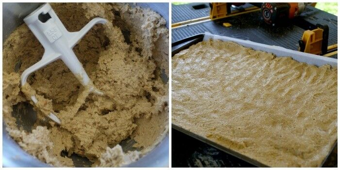 2-panel collage: beater in thick dough; dough pressed into baking sheet. 