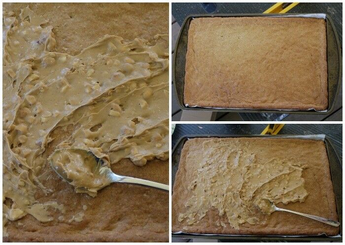 3-panel collage: Close-up of spreading chunky peanut butter over cooked dough in baking sheet; baked dough out of oven; overhead shot of peanut butter being spread on baked dough. 
