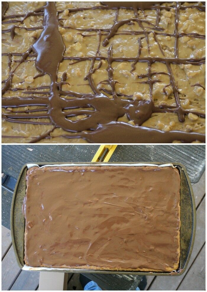 2-panel collage: chocolate drizzled over peanut butter layer; chocolate smoothed over peanut butter layer.