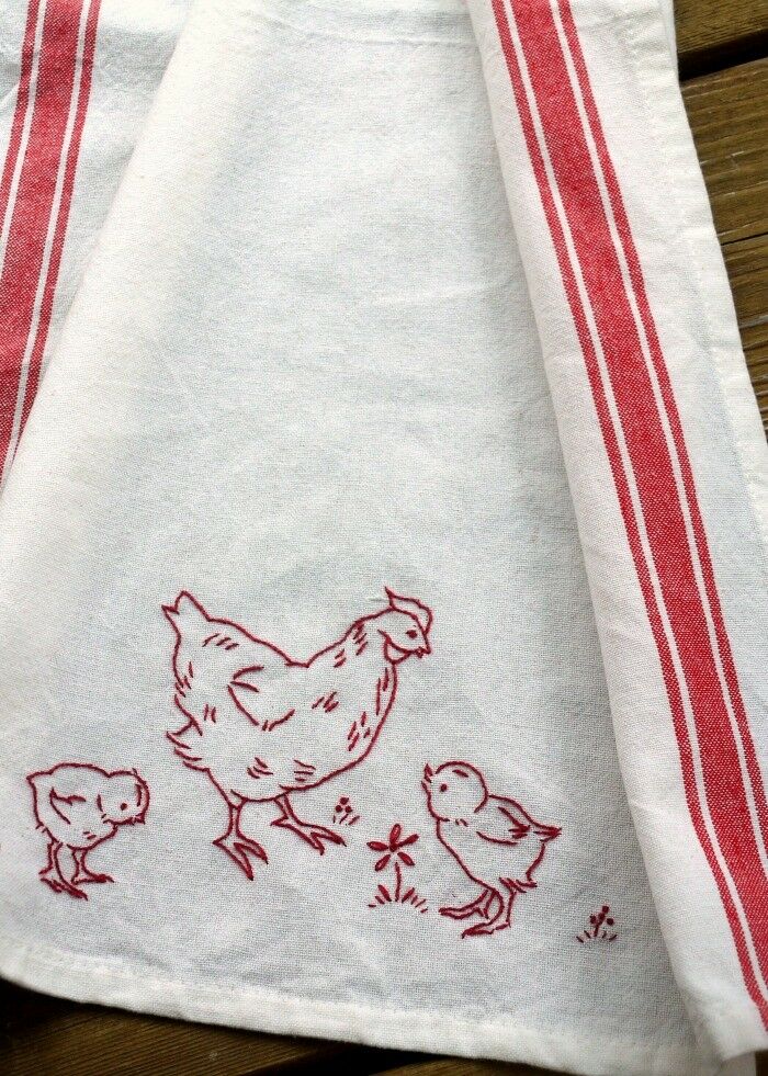 Redwork Chicken Tea Towel - A "Done-in-a Day" Project" with Free Pattern | The Good Hearted Woman 