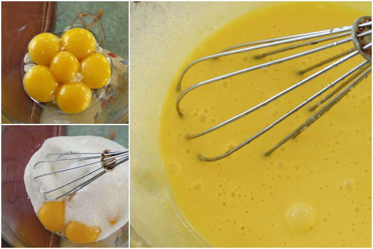 3-panel collage illustrating eggs and sugar being whisked.