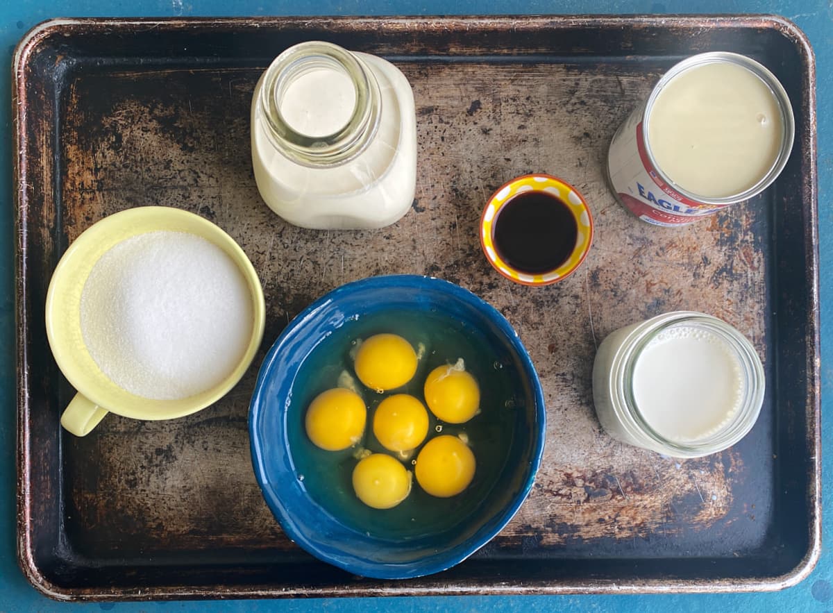 Classic flan ingredients: milk, cream, sweetened condense milk, vanilla, eggs.