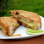 Grilled cheese sandwich, cut on diagonal, with cheese and apple butter smooshing out slightly. Three thin slices of granny smith apple fanned on the plate for garnish.