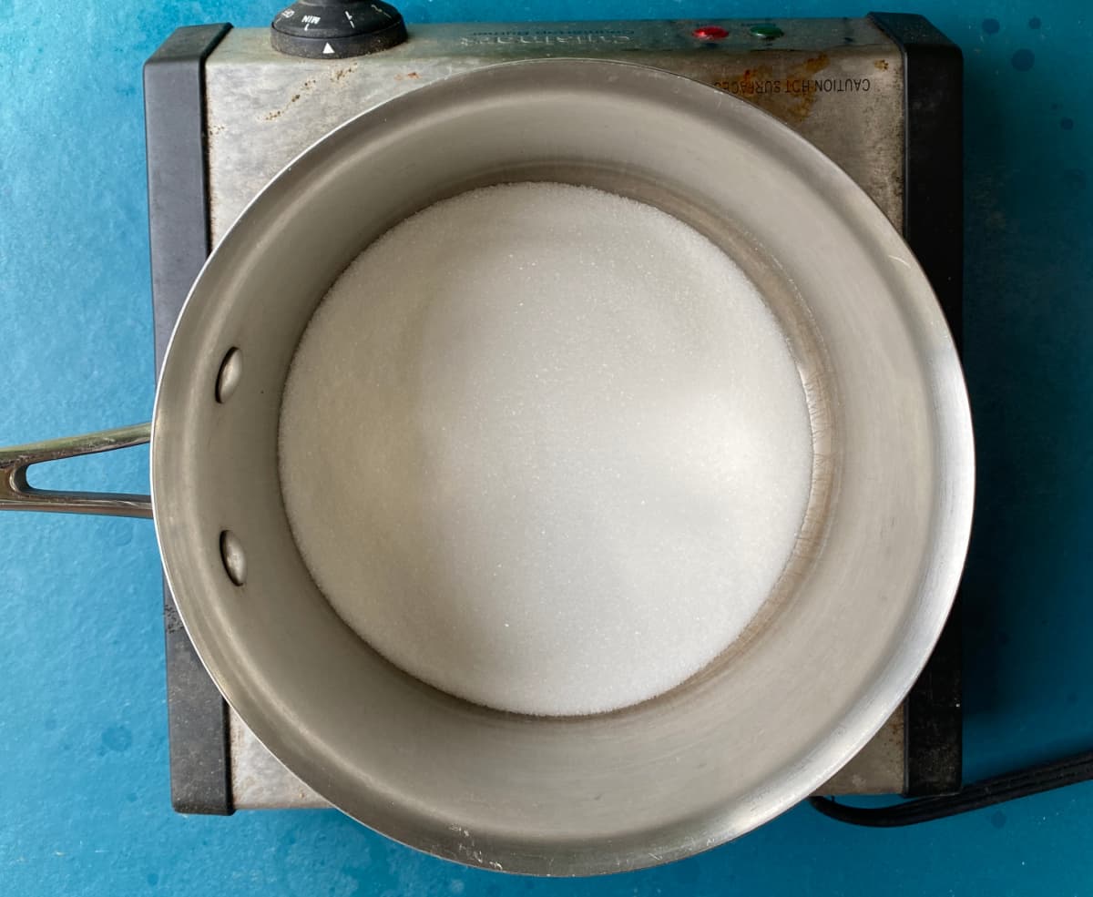 Granulated sugar in a medium saucepan.