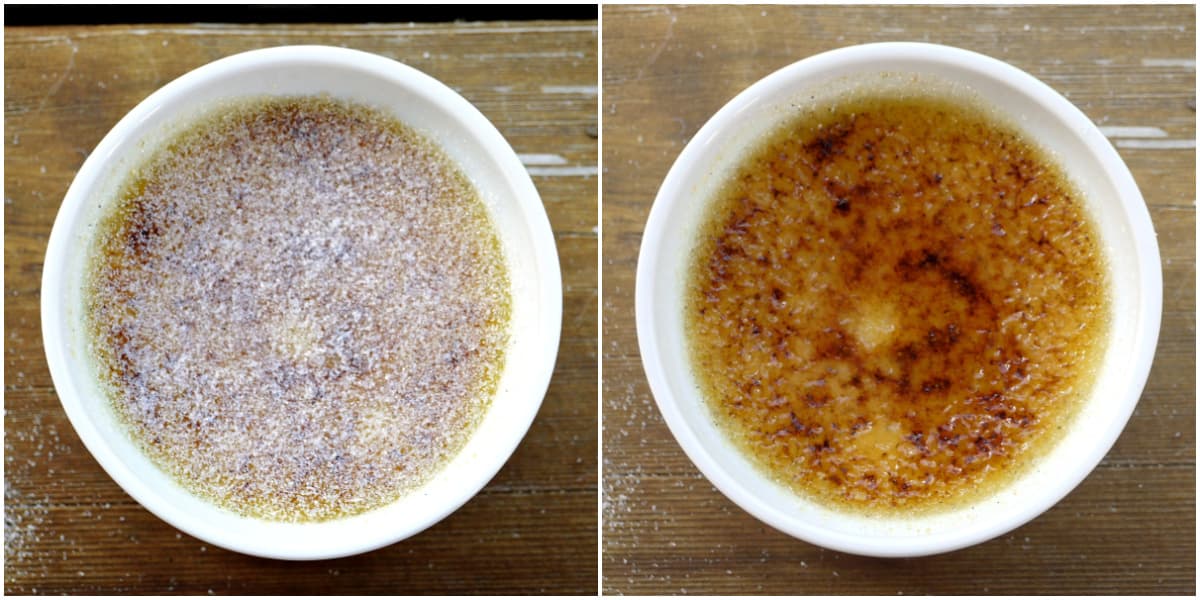 Collage: 1st panel shows bruleed custard with another thin layer of white sugar on top. 2nd panel shows sugar after torching.