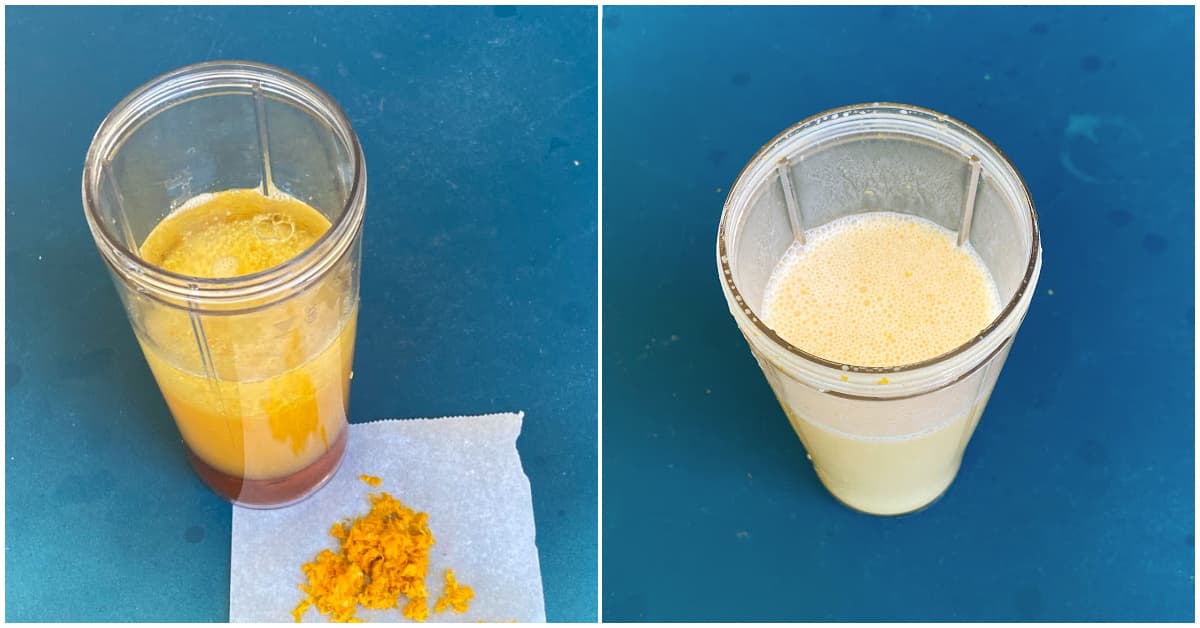 2-panel collage: Citrus dressing ingredients in blender cup, unblended and blended. 