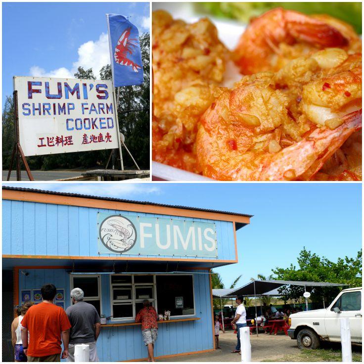 Collage: Sea blue storefront of Fumi's Shrimp, close-up of cooked shrimp, people waiting in line. 