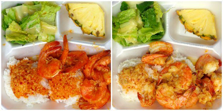 Two shrimp dinners in styrofoam containers. 