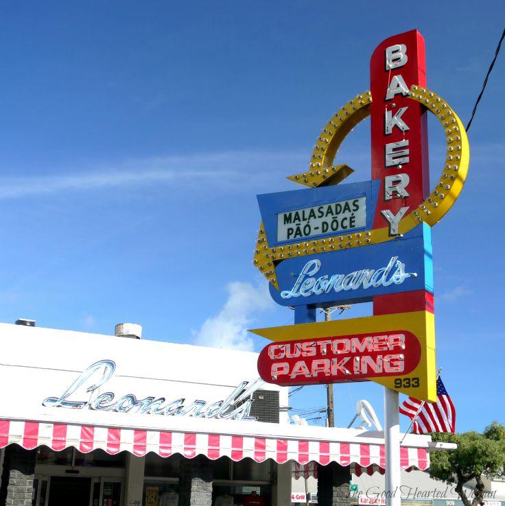 Old neon sign outside Leonard's Bakery. 