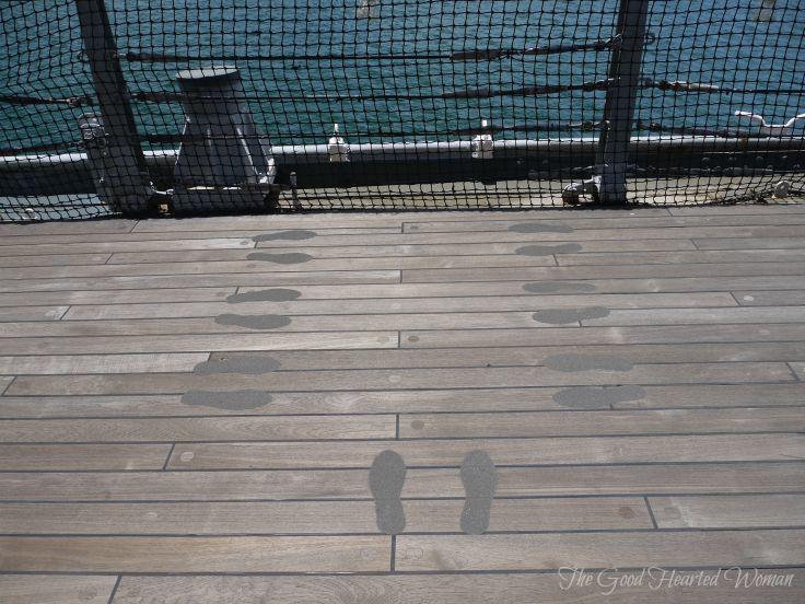 Footprints on the Missouri's deck, where crew stood for burial at sea. 