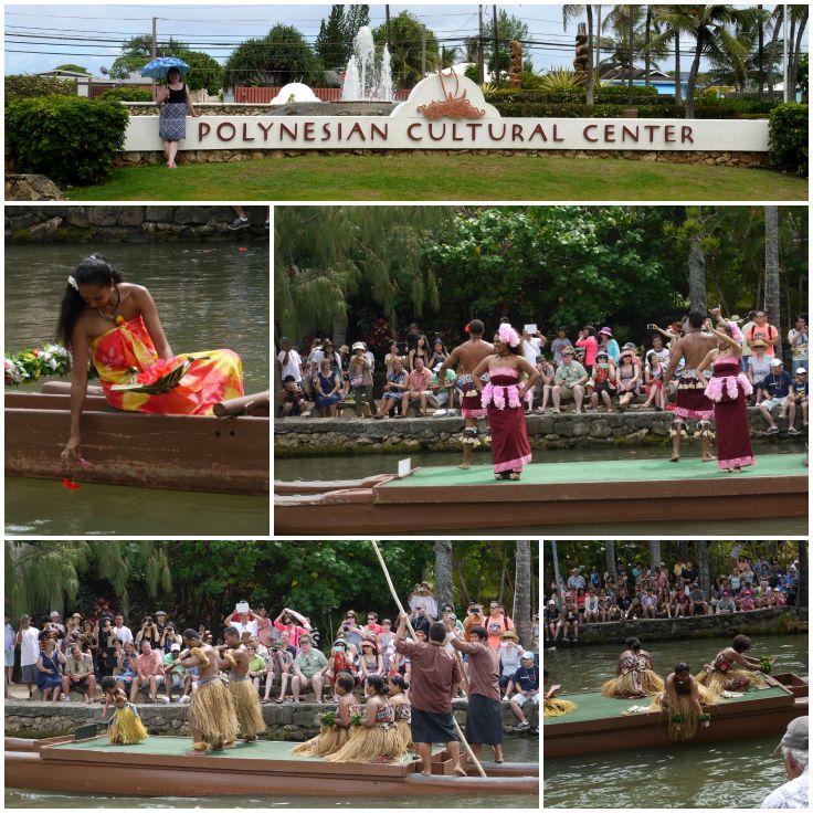 Collage of various costumed performers at the Polynesian Cultural Center. 