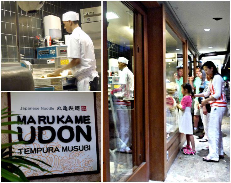 Young girl standing outside window of Marukame Udon, watching noodles being made.