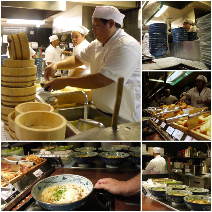 4-panel collage: Making noodles at Marukame Udon. 