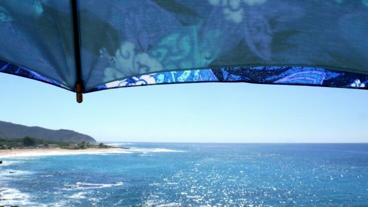 View from on top of Diamond Head, from under my sun-brella. 