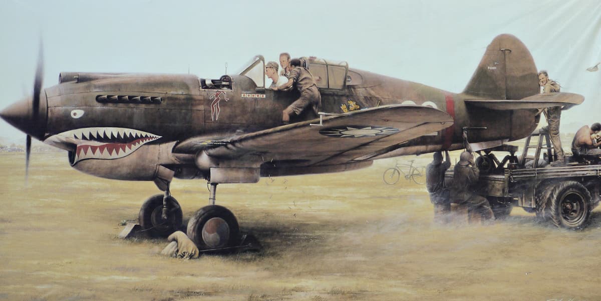 Artist's interpretation of Flying Tigers plane on the ground, with crew setting up for takeoff. 