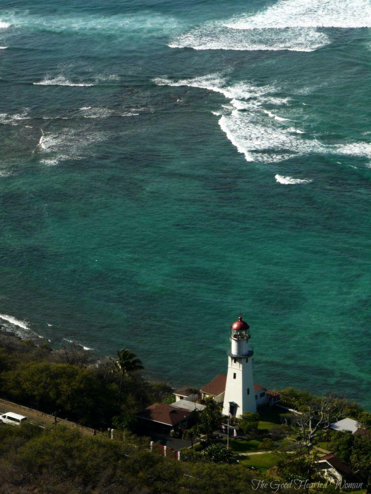 Looking down at lighthouse from the top of Diamond Head.