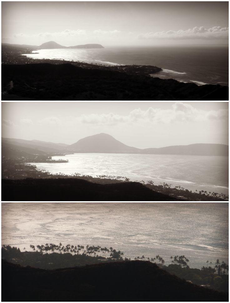 Sepia toned 3-panel collage of ocean views from top. 