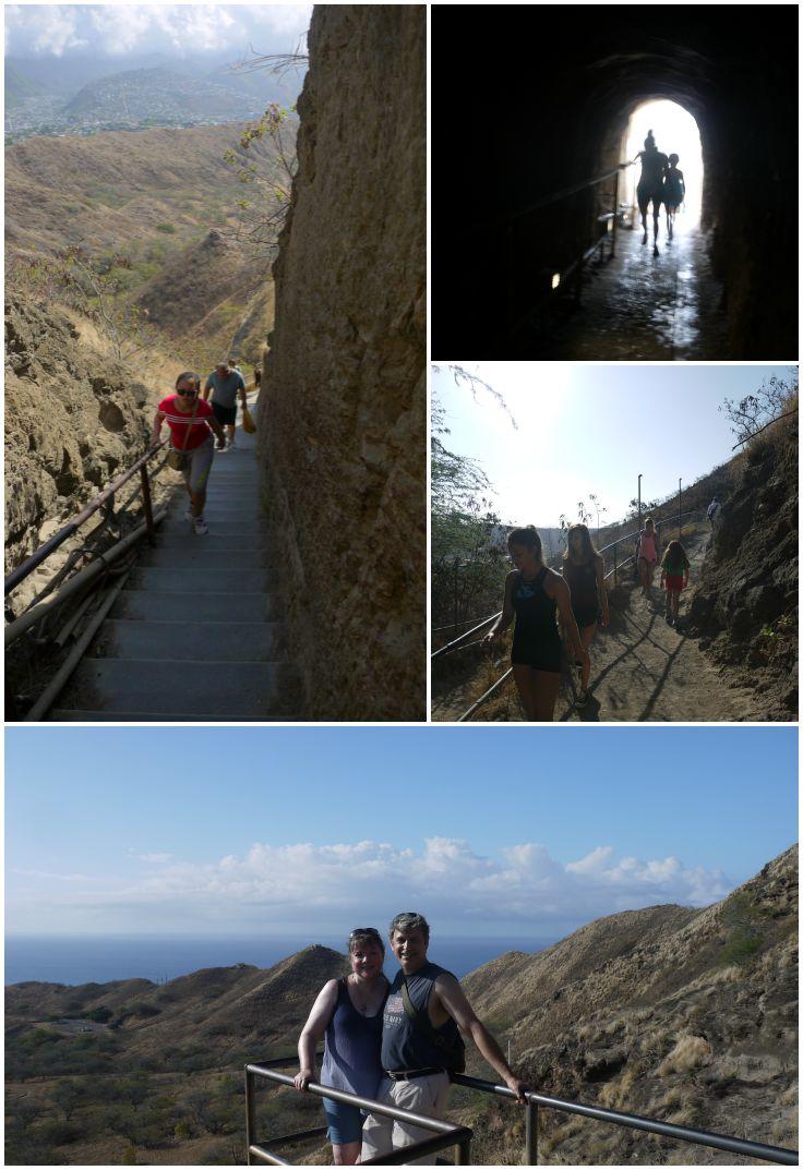 Collage: People climbing stairs and going through narrow tunnel. 