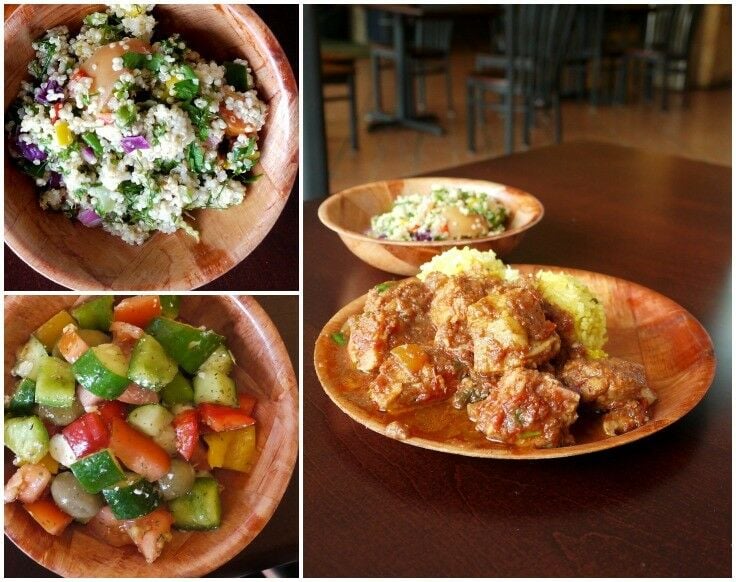 Collage: foods from Da Spot, including tabouli, Egyptian chicken, and greek salad. 