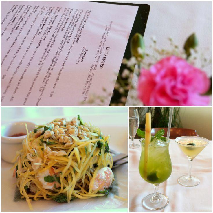 Collage: Bistro menu, papaya salad, mixed drink. 