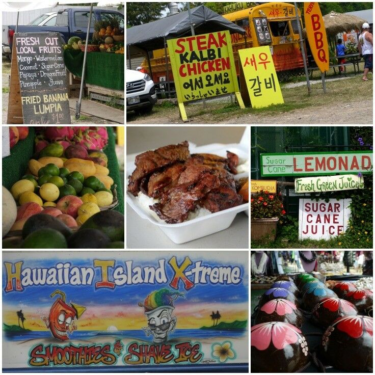 Collage of images from Kahuku foods carts: Banana lumpia, bbbq, shave ice, fresh fruit, painted coconuts, lemonade signs