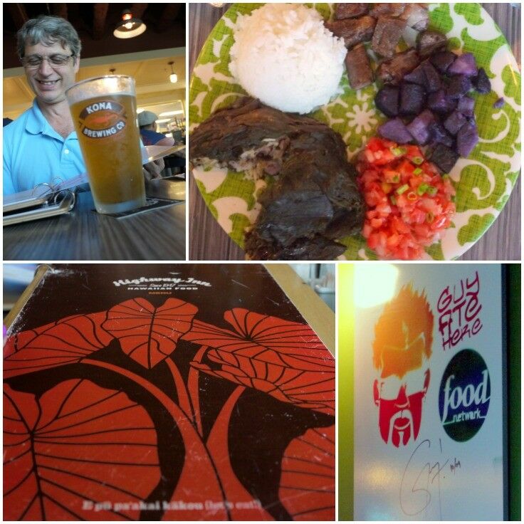 3-panel collage of Highway Inn: Mr B with a beer; Super Lau Lau Combo Plate with rice, pipikaula, purple sweet potatoes, lomi lomi, and pork lau lau; Guy Fieri signed placard. 