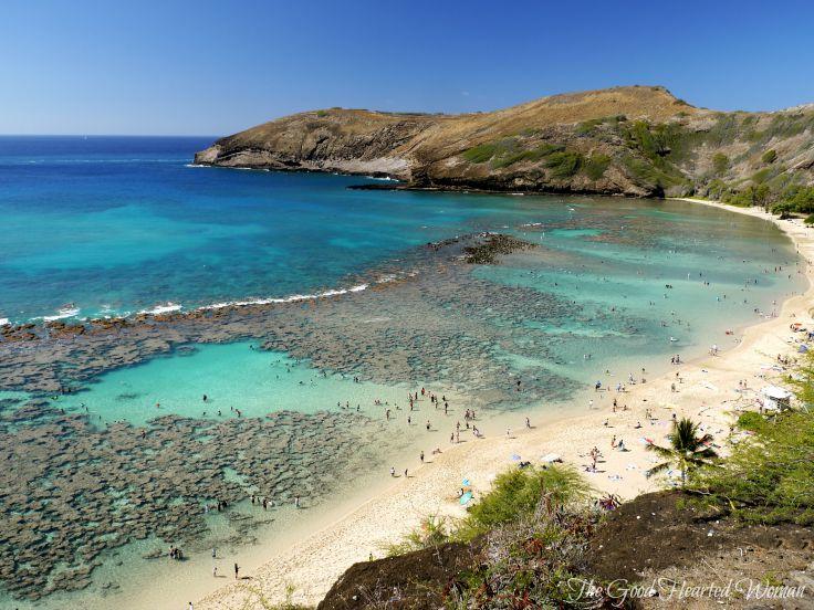 Landscape shot of Hanauma Bay from cliffside above. 