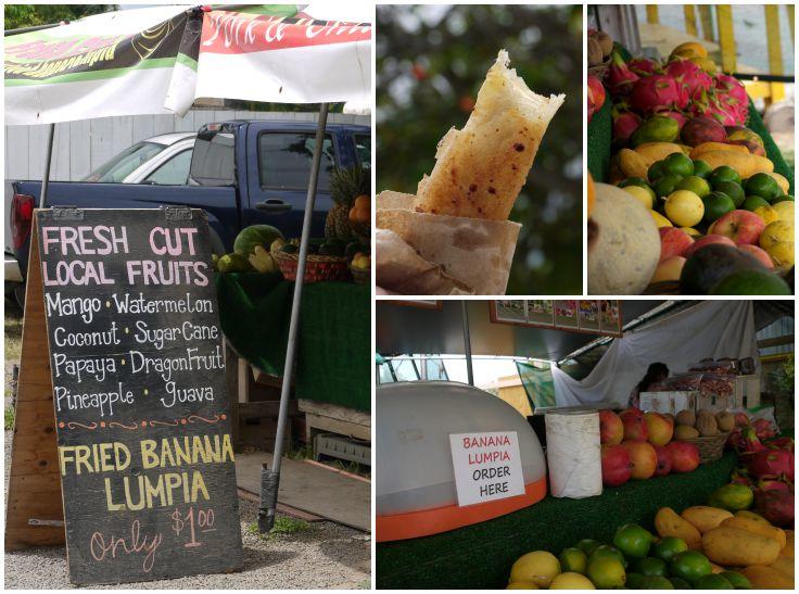 Collage with four images from a Hawaiian fruit stand. 