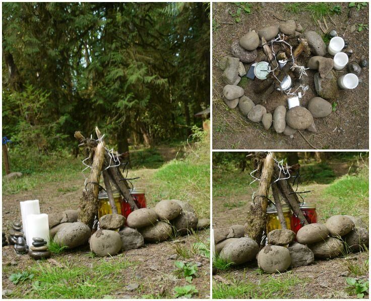 Collage dipicting 3 different angles of a flameless campfire in the daylight. 