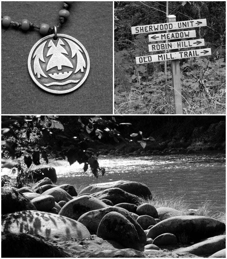 Black and white stills of the Sandy River, directional signs in camp, and a close-up of a Namanu martyr medal.