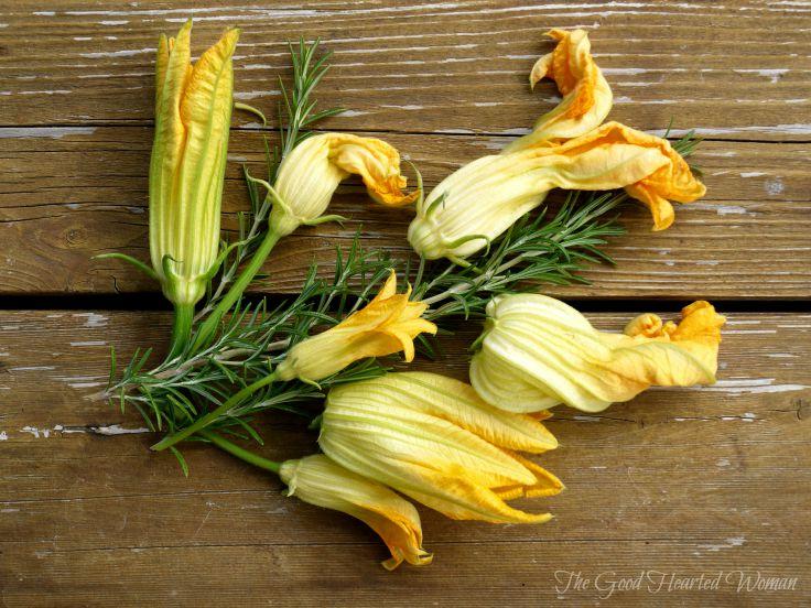 Zucchini squash blossoms on a wooden bench