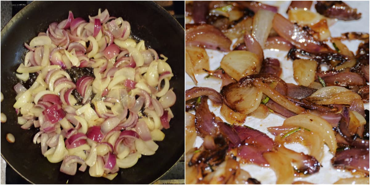 2-panel collage of cipollini onions sauteed.