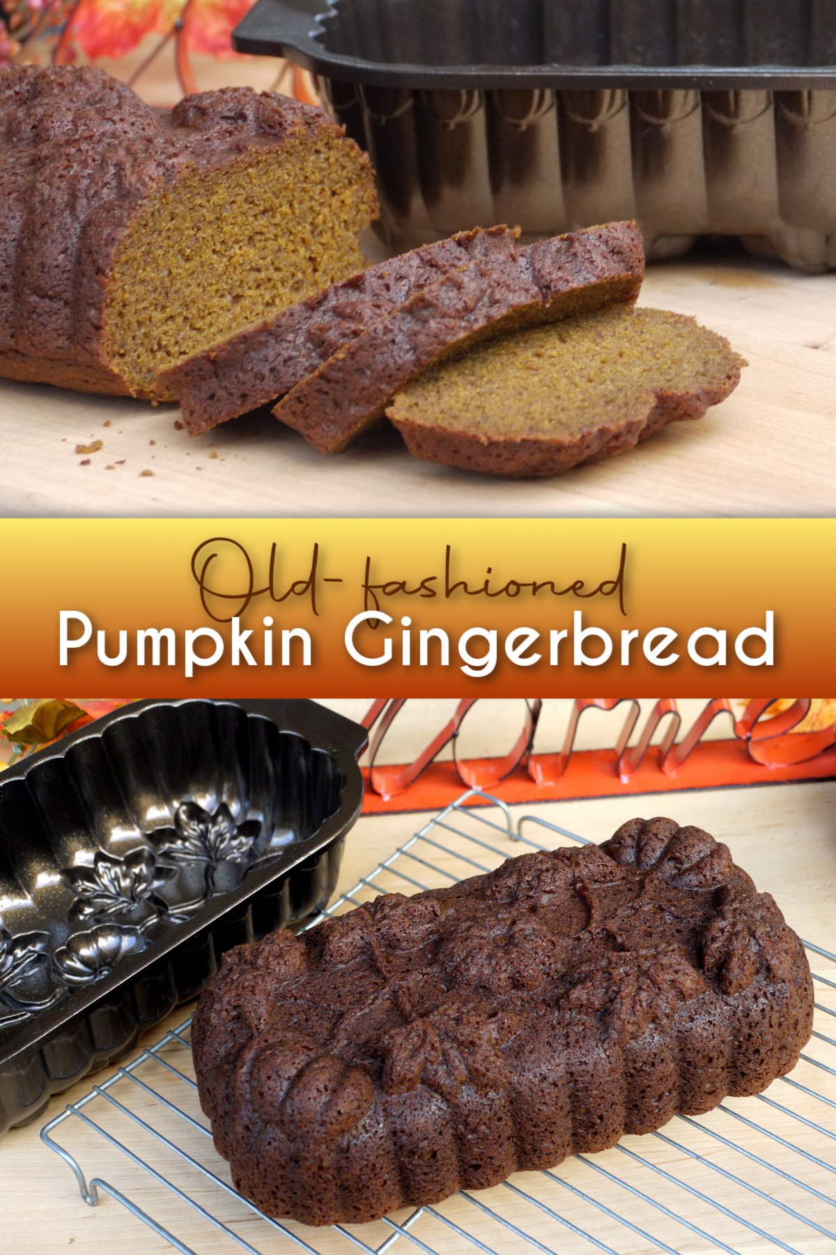 2-panel collage of baked pumpkin gingerbread.
