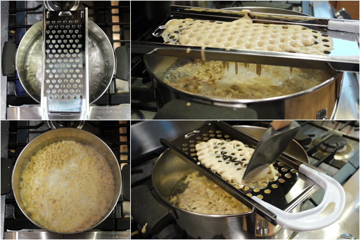 4-panel collage illustrating how to use a spaetzle maker.