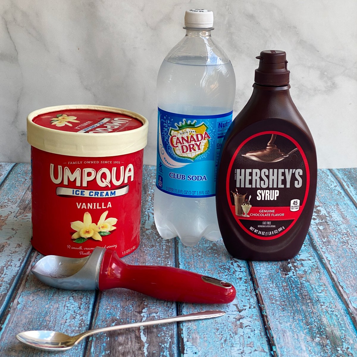 Photo of individual ingredients that go into this chocolate ice cream soda recipe.