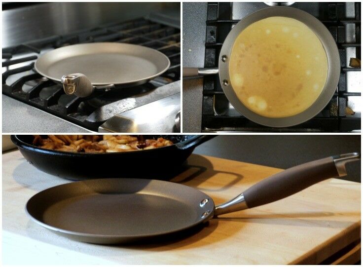 Collage showing three different views of metal crepe pan. 