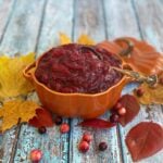 Pumpkin-shaped dish with top removed, filled with prepared cranberry sauce.