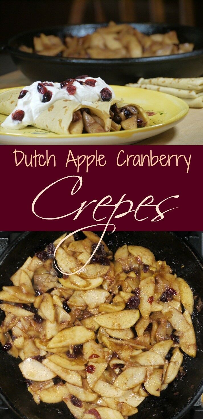 2-Panel collage: top - plate of two crepes garnished with whipped cream and cranberries. 