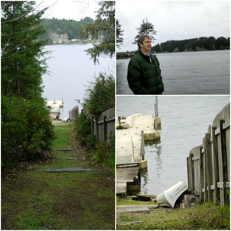 Collage: scenes looking from Lake House onto D Lake. Small rowboat. 