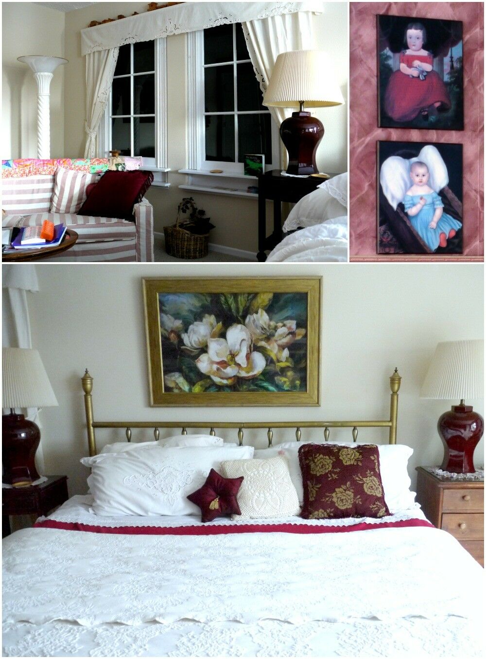 Collage: Bedroom 6-panel windows, Cherubic art, straight shot of bed head. Lace pillows. 