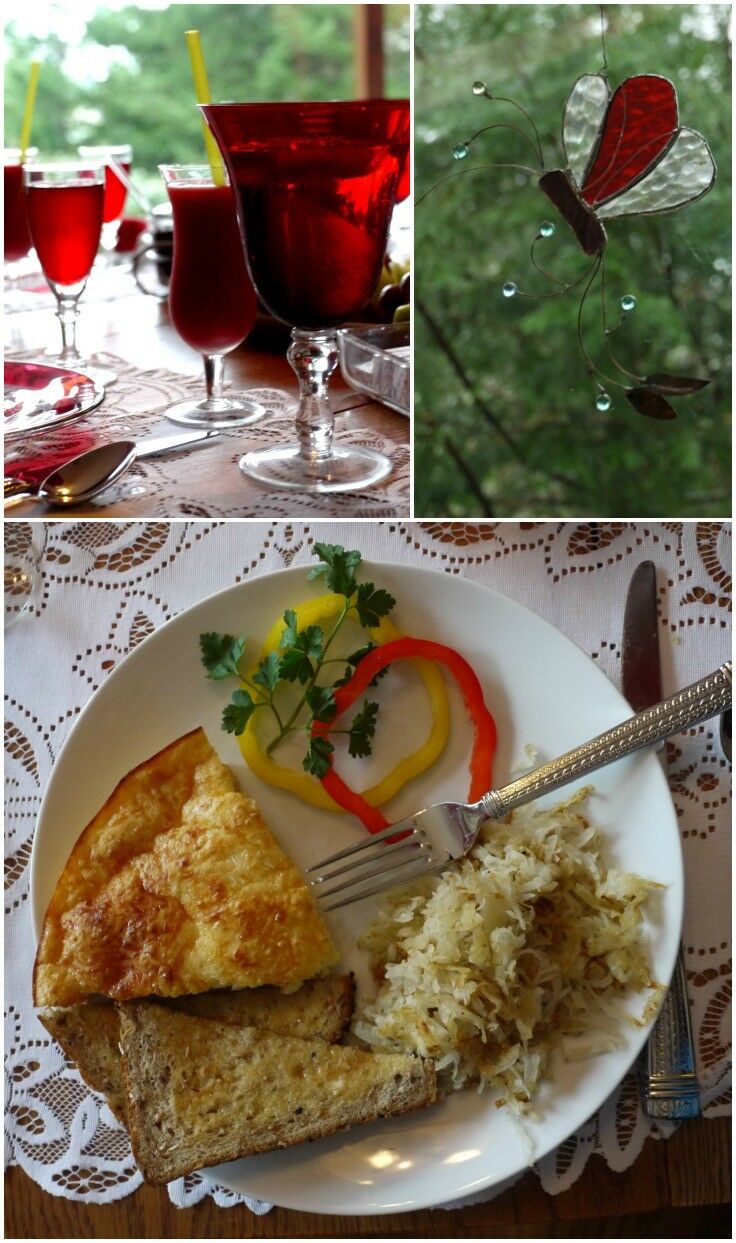 Collage: Large red glasses; stained glass butterfly, breakfast plate with quiche, toast, and hashbrowns. 