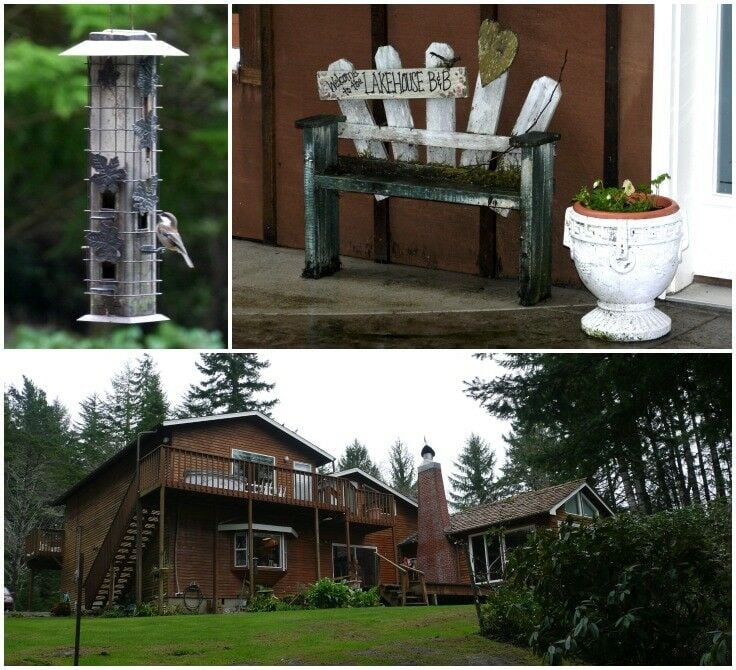 Collage: exterior of Lake House, welcome bench, tall birdfeeder, back of house from lake side. 