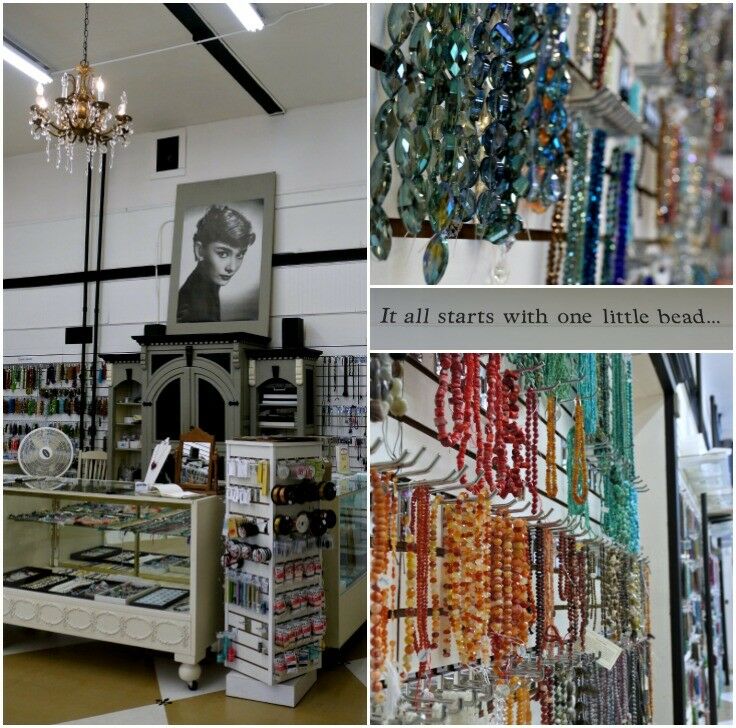 Collage of Elisabeth's by the Sea, including many strands of bright glass beads around by color, hanging on white peg wall. A large picture of Audrey Hepburn hangs in the background of one of the shots.