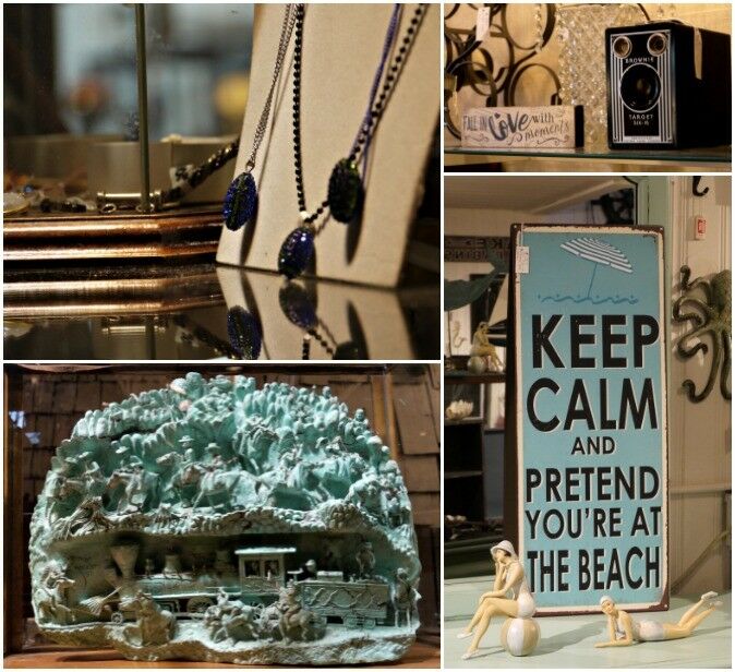 Collage: Large, intricately carved turquoise battle scene, "Keep calm and Pretend you're at the beach" decor, figurines dressed in old-fashioned bathing suits. 