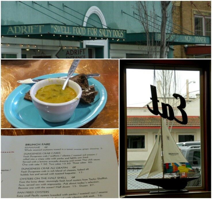 Collage: Adrift Restaurant, Anacortes, WA; soup, EAT painted on window, Close-up of brunch menu. 