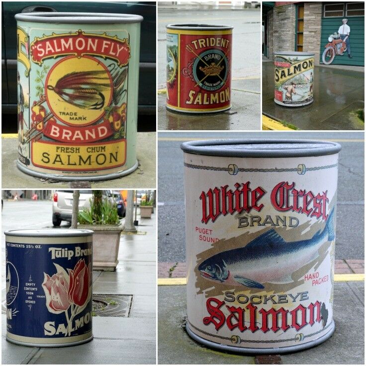 Sollage of various sidewalk Salmon label public waste cans in Anacortes, Washington. White Crest Salmon, Trident, salmon, Salmon Fry brand.  