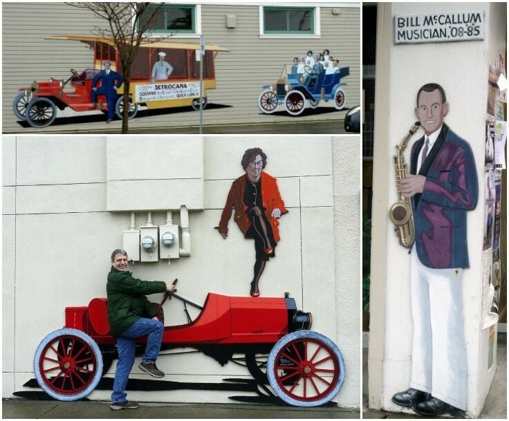 Collage of various Anacortes Murals, including a depiction of musician Bill McCallum.